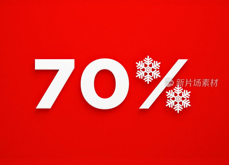 70% Off -白色雪花形成百分比标志坐在旁边的70号红色背景